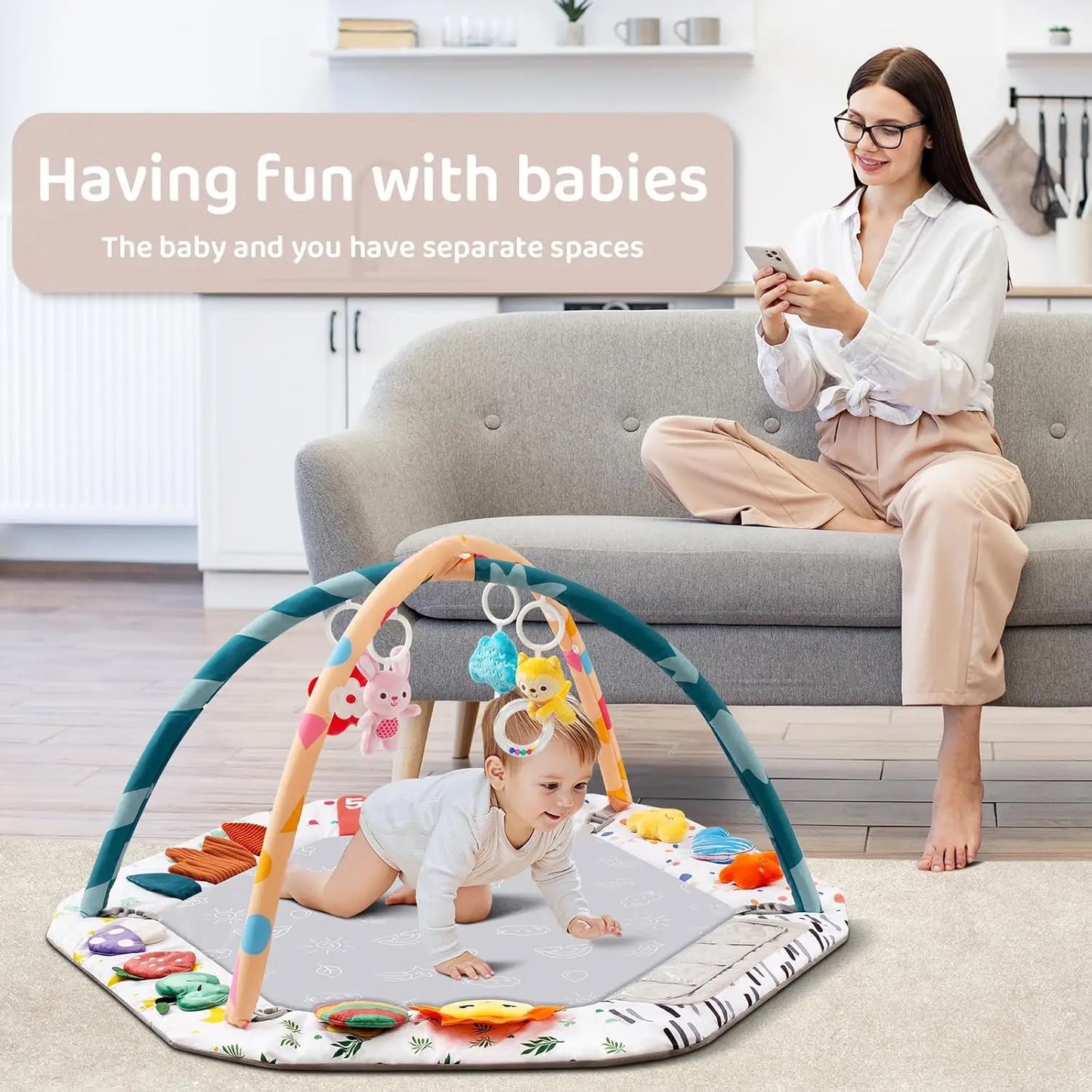 Ultimate Tummy Time Mat for Infants - 6 Educational Play Zones with 4 Hanging Sensory Toys to Boost Motor Skills