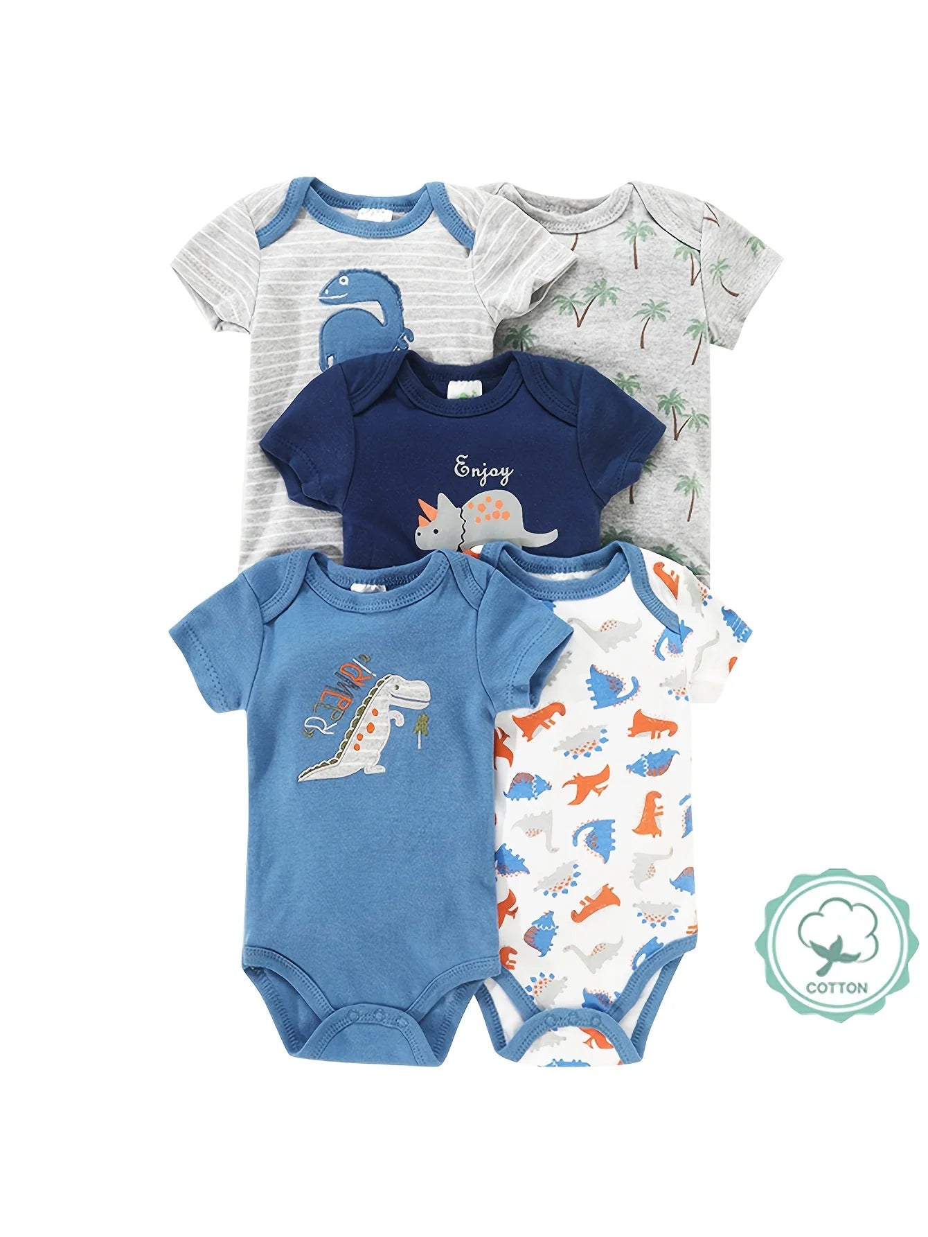 5pcs Baby Boy Triangle Rompers, Creative Bodysuits And Short Crawlers, Short Sleeve Jumpsuits with Dinosaur Pattern, Soft And Breathable Casual Infant Wear, Newborn Hospital Essentials,  for Outdoor