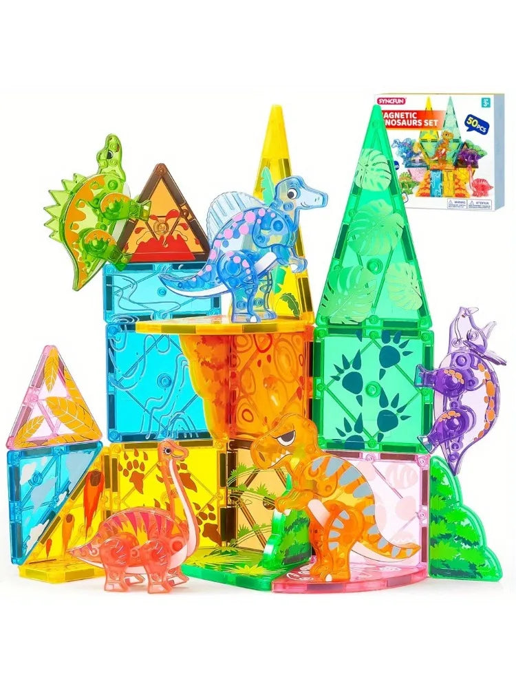 50Pcs Magnetic Building Tiles Dinosaur Set for Kids Christmas Birthday Gift 5 Cute Dinosaurs Educational STEM Toy