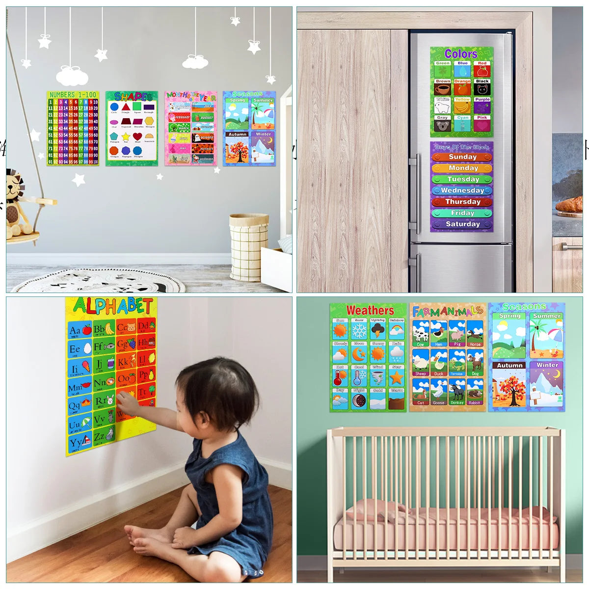 10PCS Educational Preschool Posters Charts for Preschoolers Toddlers Kids Kindergarten Classrooms Includes Alphabet Letters Colors Days of the Week Numbers 1-10 Numbers 1-100 Farm Animals Seasons Weathers Months Shapes