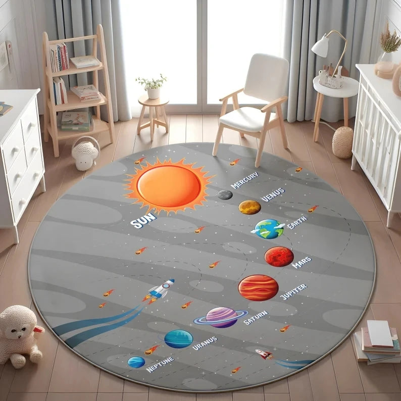 Planets Astronauts Playmat Round Rug  Living Room Decor Sofa Rug Kid's Play Mat Boys Bedroom Bedside