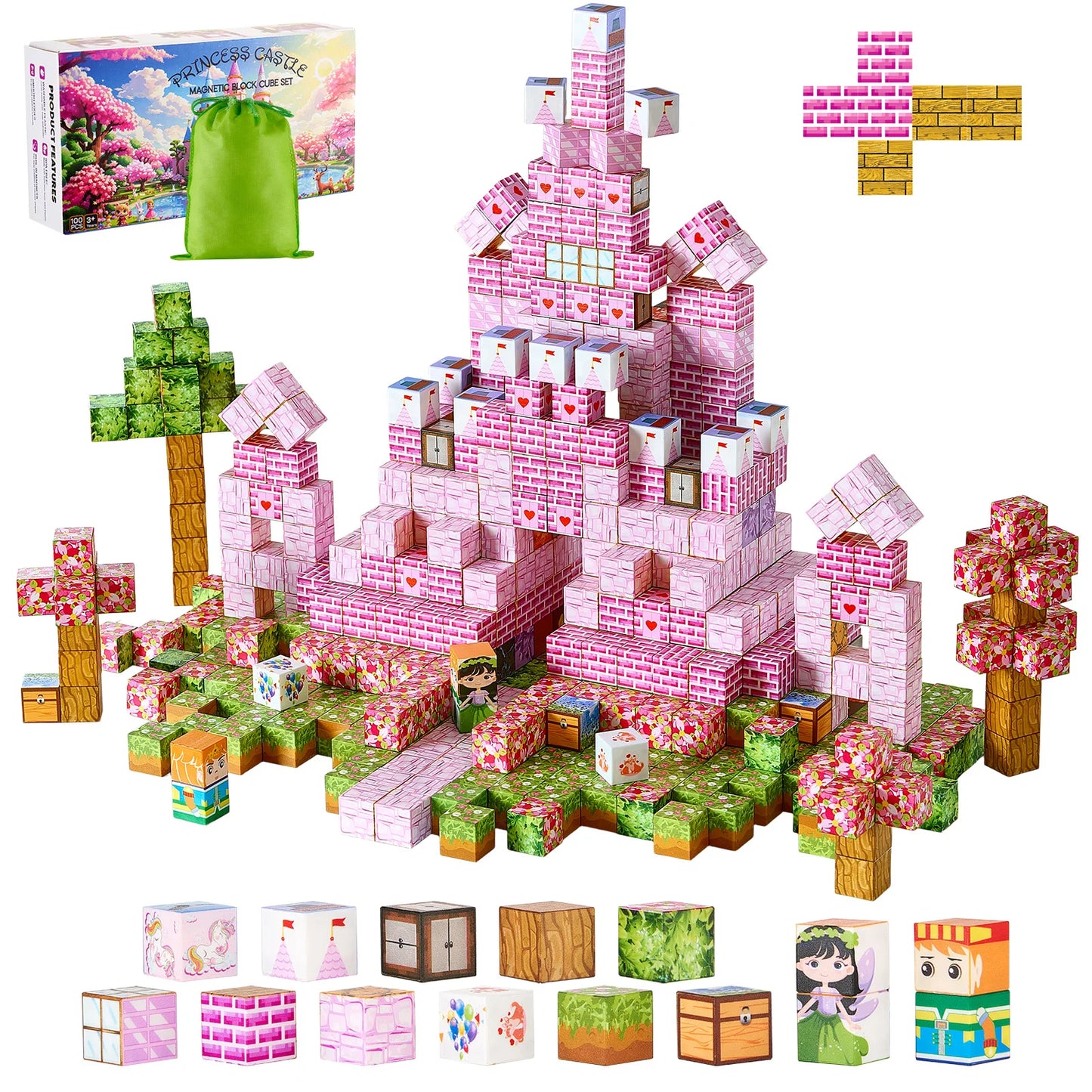 100PCS Magnetic Blocks Princess Castle Set Magnetic Building Cubes STEM Montessori Sensory Toys for Kids Birthday Gift