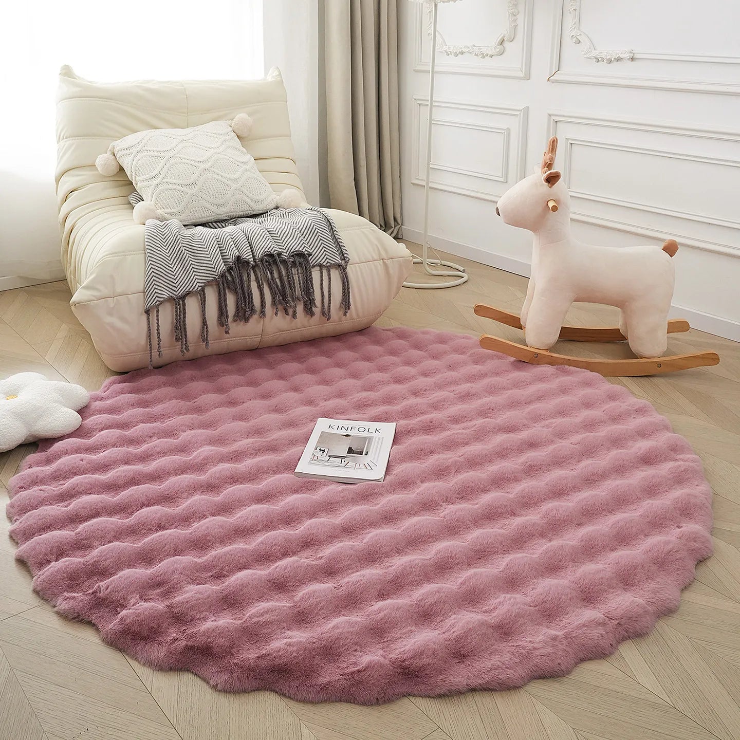 Round Bubble Faux Rabbit Fur Rug Soft Plush Mats Cream Style Bedroom Bedside Carpet Kids Play Floor Mat for Living Room Nursery
