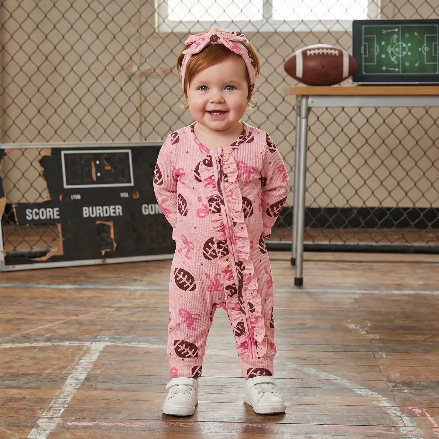 Baby Clothing Girls Fall Waffled Romper Bow Football Print Long Sleeve  Ruffled Zip Up Jumpsuit with Headband Newborn Clothes