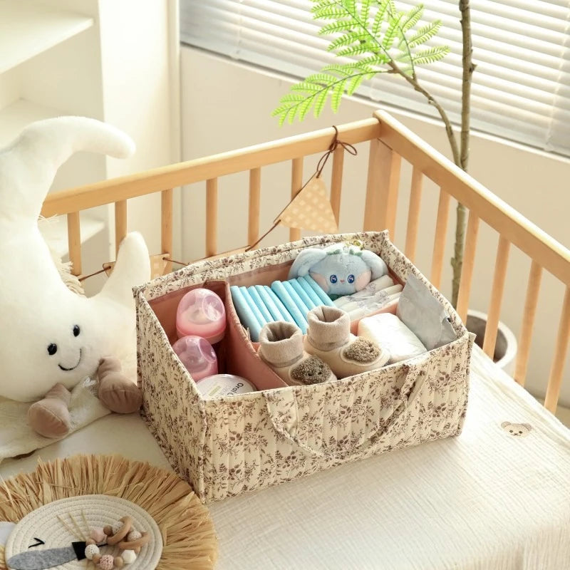Floral Print Baby Diaper Storage Bag Nappy Caddy Organizer Large Capacity Mommy Bag Baby Item Toys Storage Basket Travel Handbag