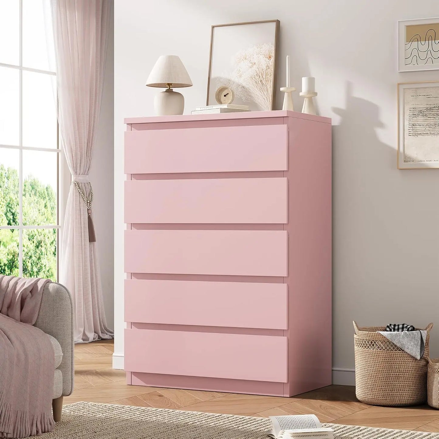 Pink 5 Drawer Dresser for Bedroom, 15" D x 23.7" W x 40.4" H in Modern Chest of Drawers, Wood Storage Dresser with Handleless