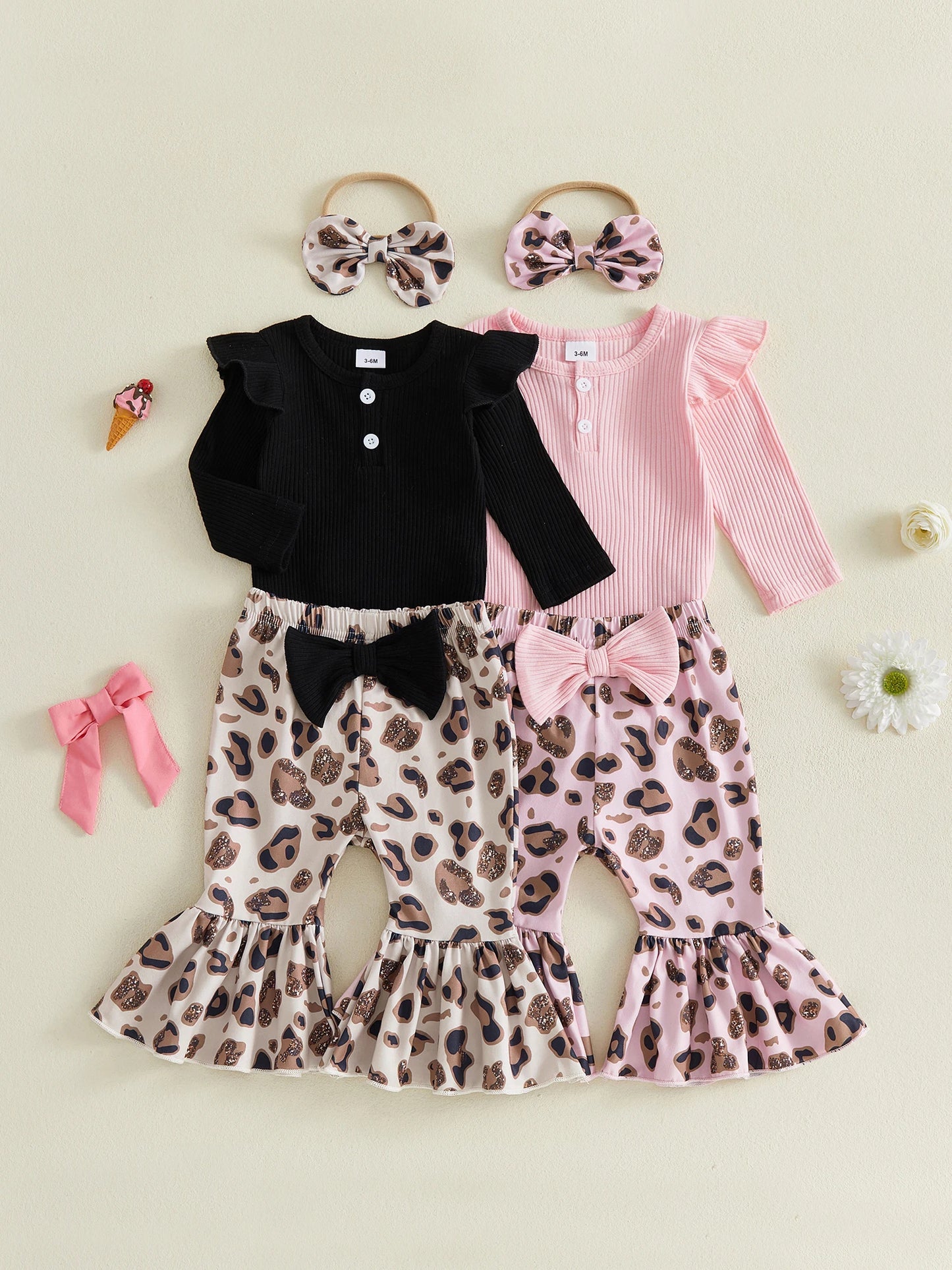 Baby-Girl Baby Girl Fall Sleeve Romper Pants Headband Sleeve-Romper-Leopard Girl Fall Outfits Ruffle Girl-Fall-Outfits Durable