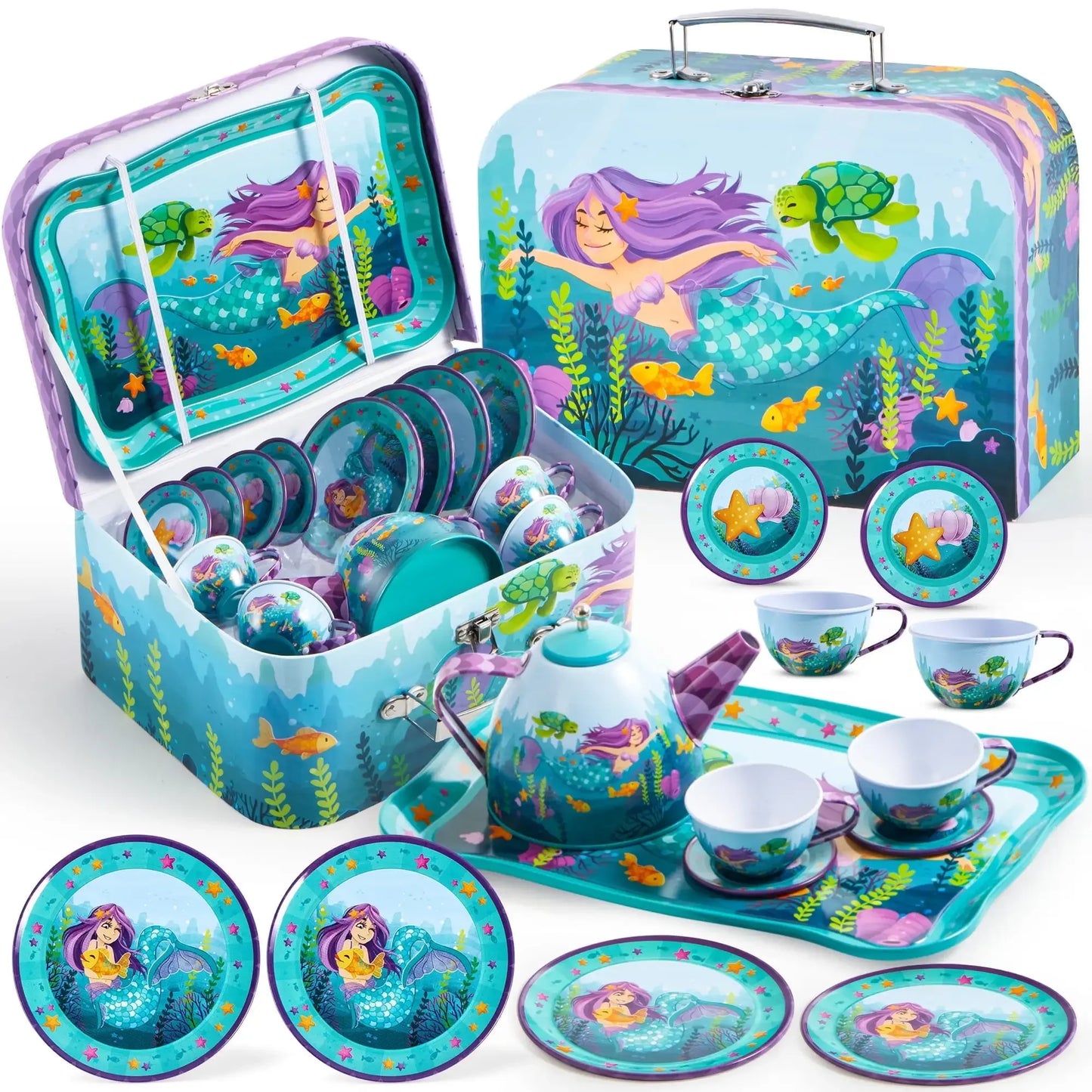 Kid Tea Set Mermaid Tea Party Set Princess Pretend Play Tin Teapot Set Kitchen Toy for Girls Toddlers 2 3 4 5 6 Years Old