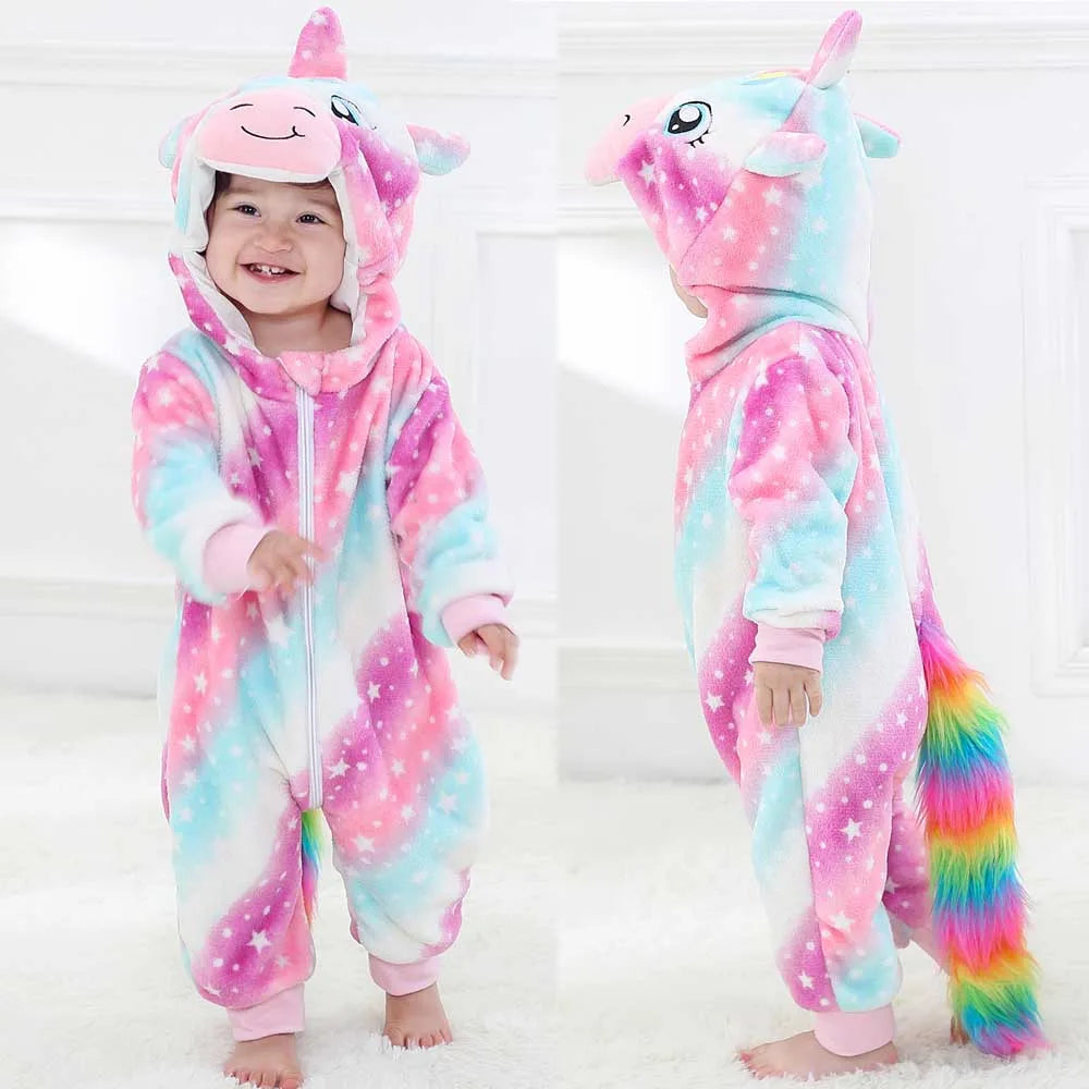 Cute Flannel Animal Rompers for Baby Winter Kid 1 2 3 4 Years Cartoon Jumpsuit Boy Girl Long Sleeve Hooded Playsuit Thick Pajama