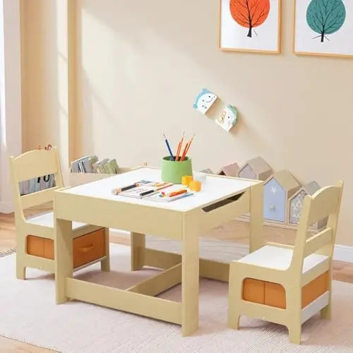 Kids Table and Chair Set, 4 in 1 Wooden Children Activity Table w/Storage, Reversible Deskboard, Blackboard,, Customized
