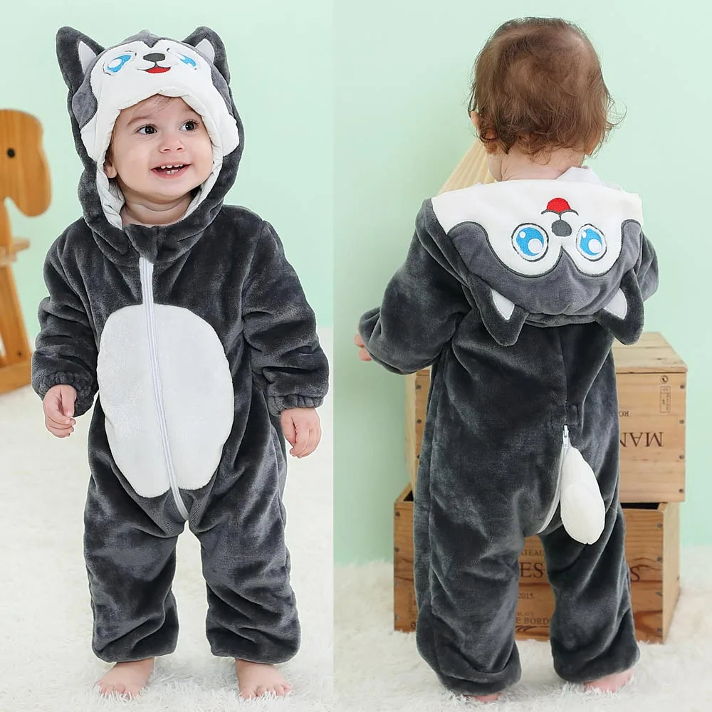 Cute Flannel Animal Rompers for Baby Winter Kid 1 2 3 4 Years Cartoon Jumpsuit Boy Girl Long Sleeve Hooded Playsuit Thick Pajama