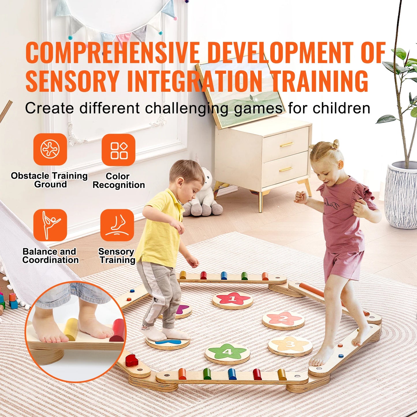 6 PCS Balance Beam Stepping Stones Indoor Outdoor Wooden Toddler Balance Boards for Kids 2-6 Children Montessori Toy
