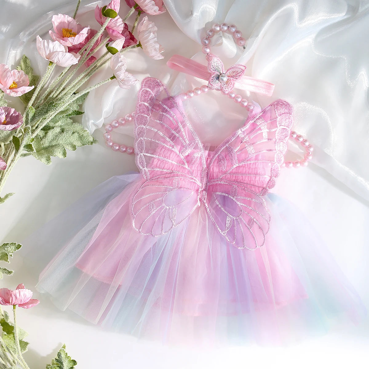 2Pcs Newborn Girl Dress Sweet Hanging Strap Butterfly Mesh Cute Back Butterfly Wings Mesh Dress Princess Dress Suitable for 0-3