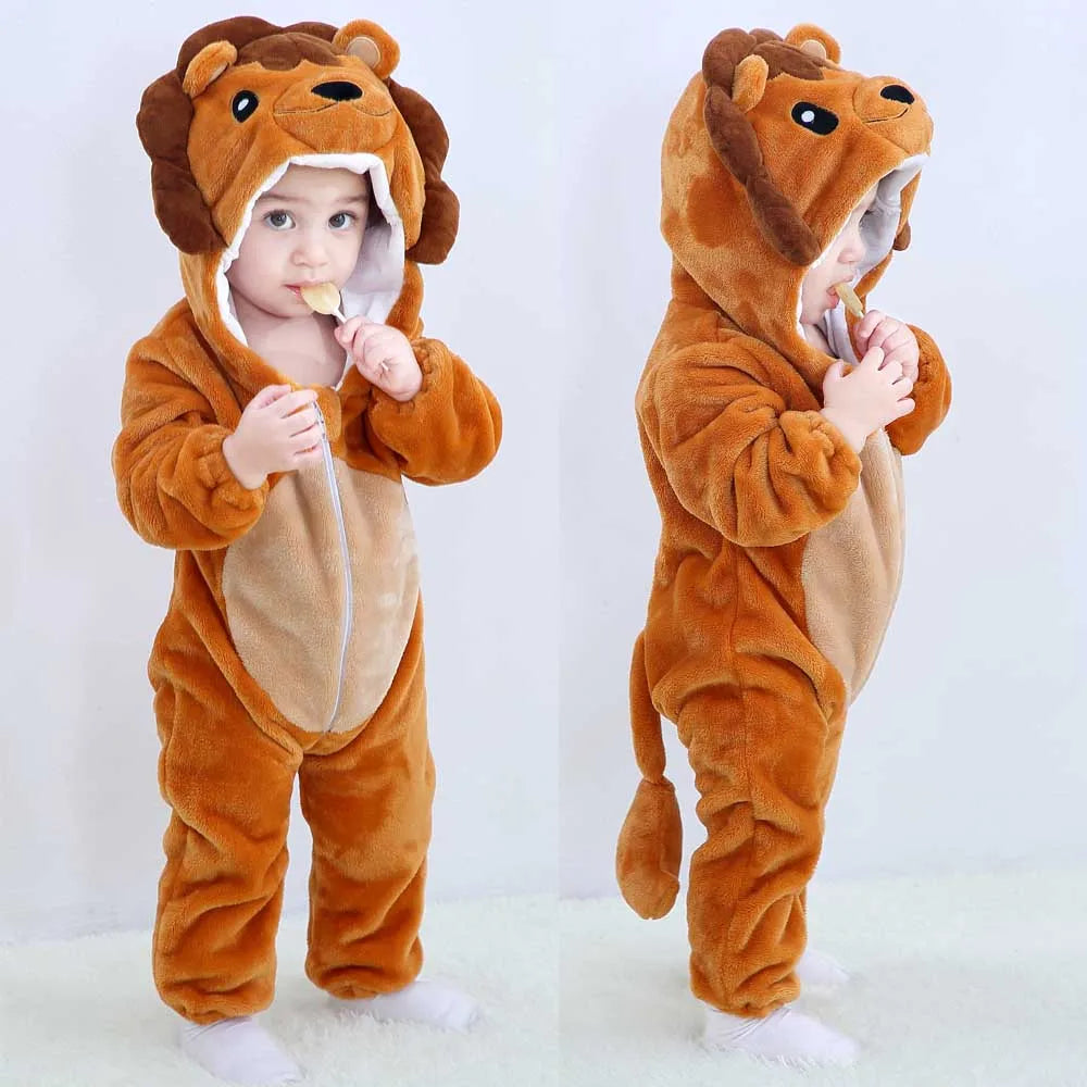 Cute Flannel Animal Rompers for Baby Winter Kid 1 2 3 4 Years Cartoon Jumpsuit Boy Girl Long Sleeve Hooded Playsuit Thick Pajama