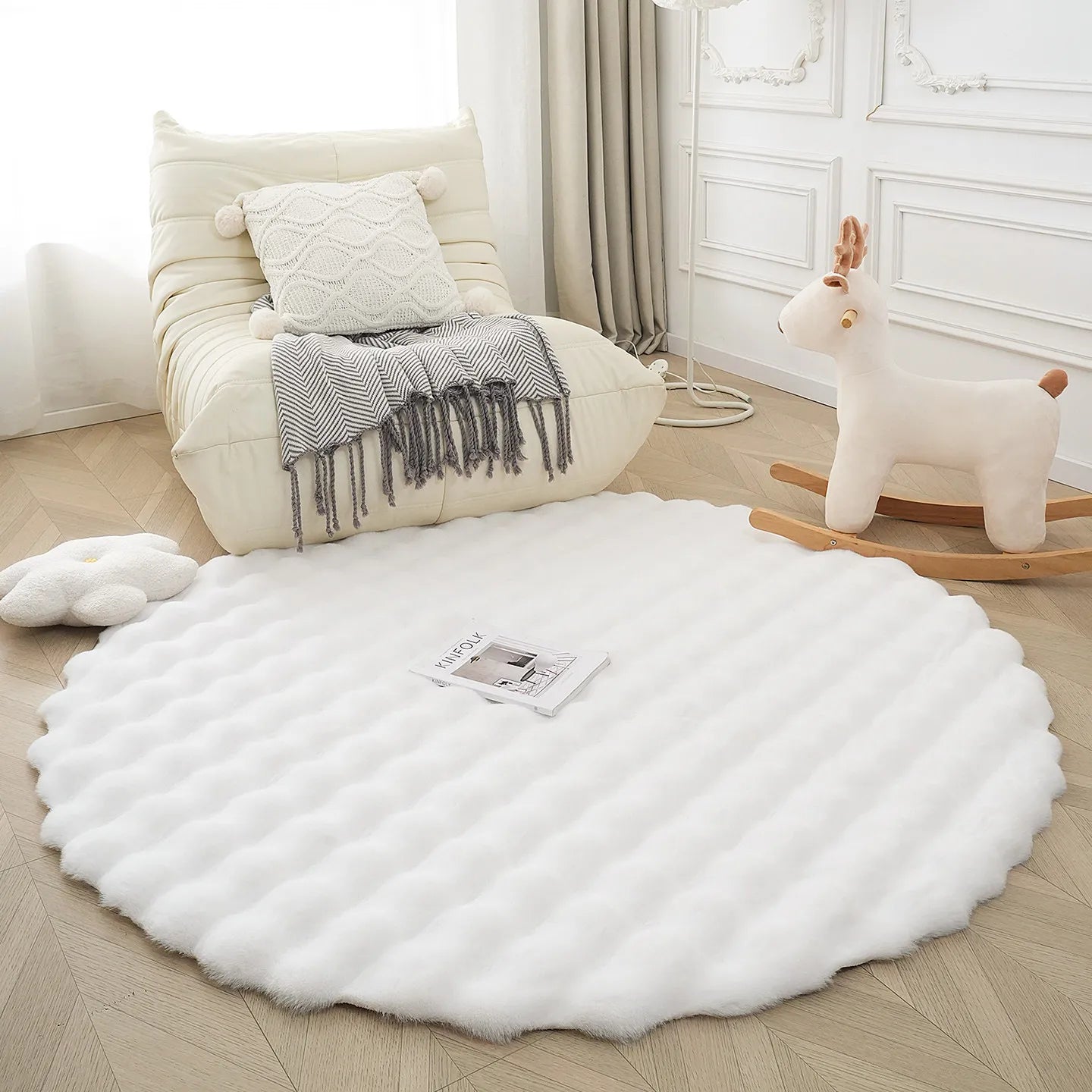 Round Bubble Faux Rabbit Fur Rug Soft Plush Mats Cream Style Bedroom Bedside Carpet Kids Play Floor Mat for Living Room Nursery