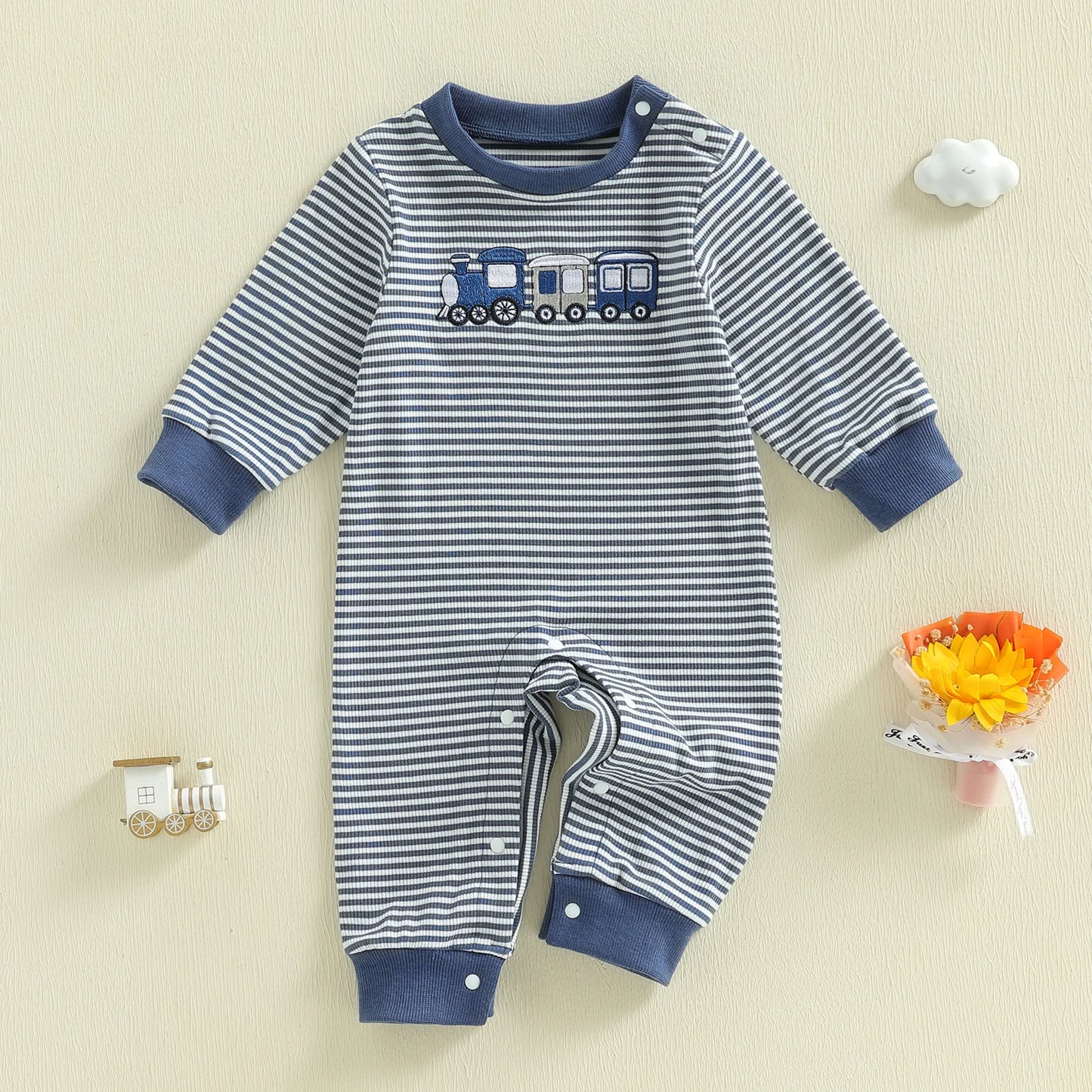 Toddler Boys Fall Striped Playsuit with Long Sleeves and Train Embroidery Comfortable Crewneck Loose Fit Romper