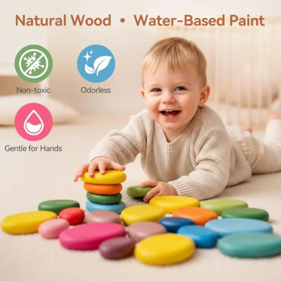 Extra-Large Stacking Rocks for Toddlers 1-3, 16 PCS Wooden Montori Toys, Safe Smooth Jumbo Balancing Stones for Open-Ended Sens