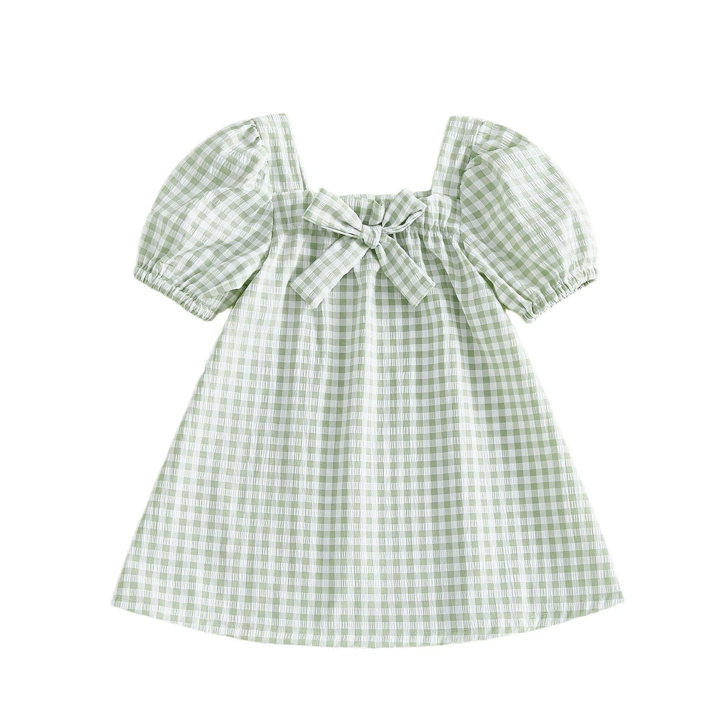 Stylish Toddler Girls Plaid Dress with Short Sleeves Square Collar and Adorable Bow Detail - Perfect for Summer