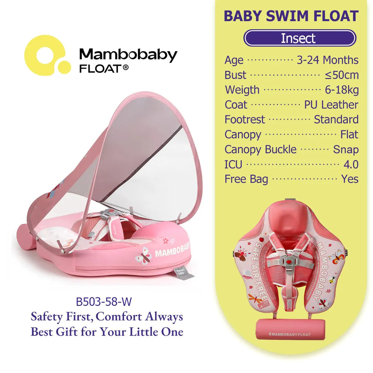 Gentle Skin-Safe Flamingo Air-Free Chest Float with Flat Canopy B503-143-W-Z Baby Swimming Ring Infant Water Circle