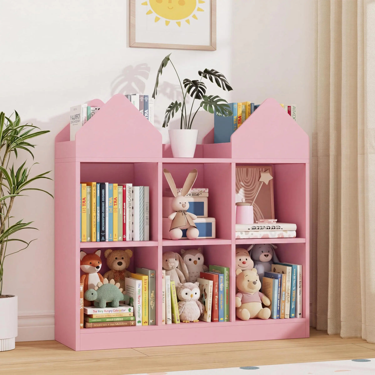 Kids Bookshelf And Toy Storage Organizer With 4 Book Racks 6 Open Cubbies Castle Design Toddler Bookshelf Toy Chest Toy Box For Playroom Nursery Daycare