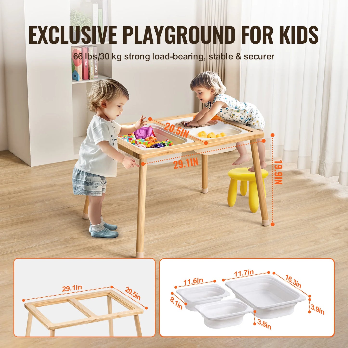 Wooden Sensory Table for Kids Activity with 3 Foldable Storage Bins & Double-Sided Board Indoor/Outdoor for Studying
