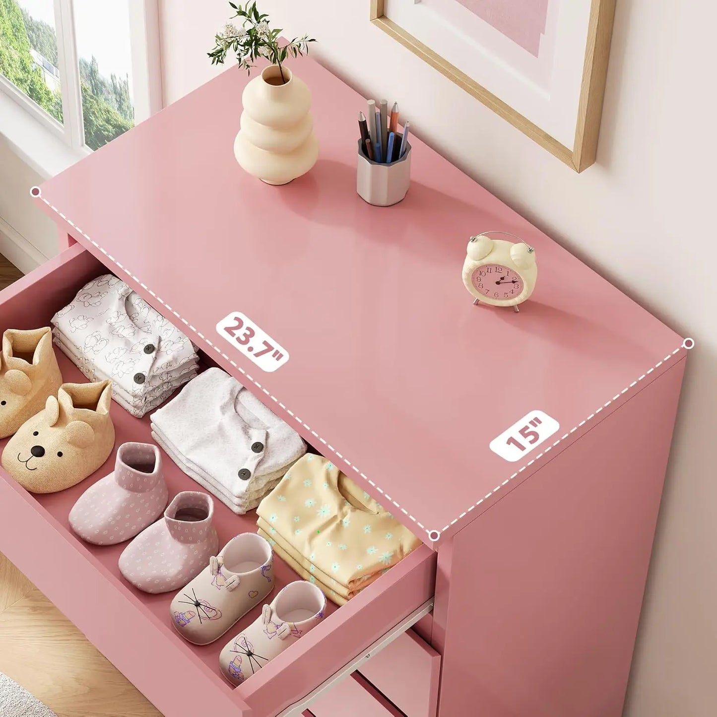 Pink 5 Drawer Dresser for Bedroom, 15" D x 23.7" W x 40.4" H in Modern Chest of Drawers, Wood Storage Dresser with Handleless