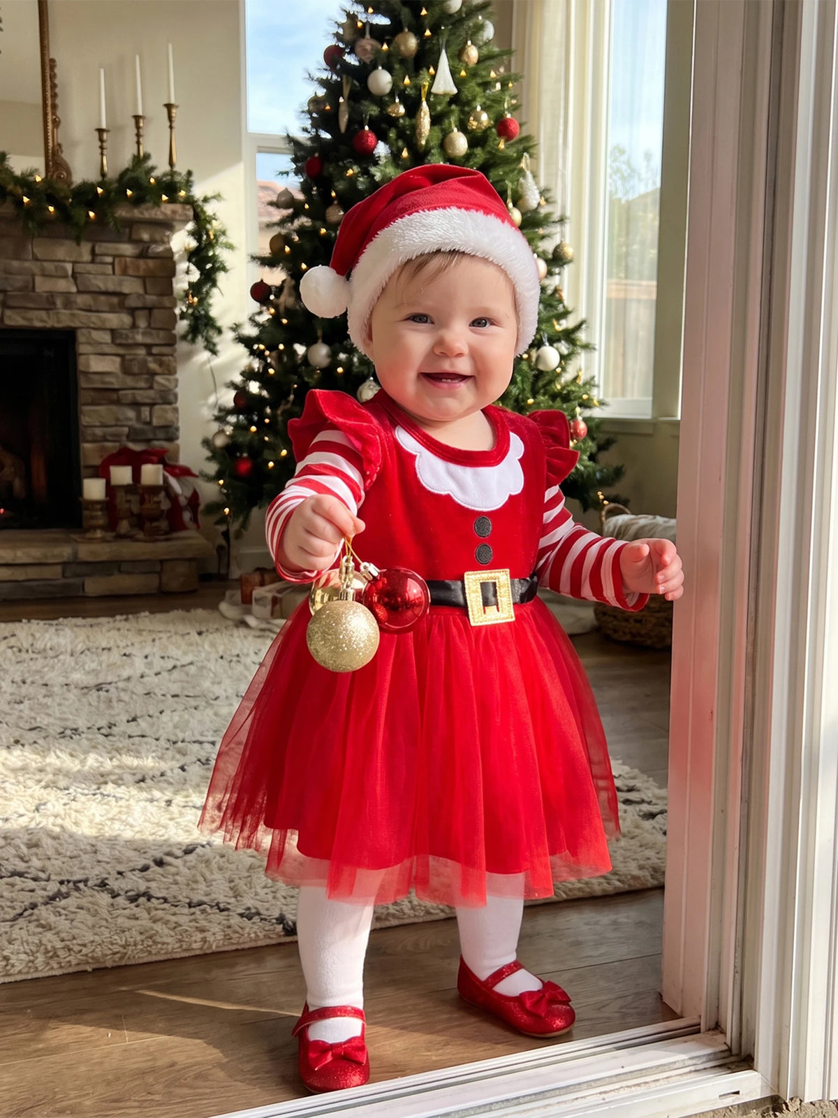 Girl Christmas Striped-Sleeve-Tulle Long Sleeve Striped Sleeve Baby Girl Christmas Long Striped Sleeve Long-Striped