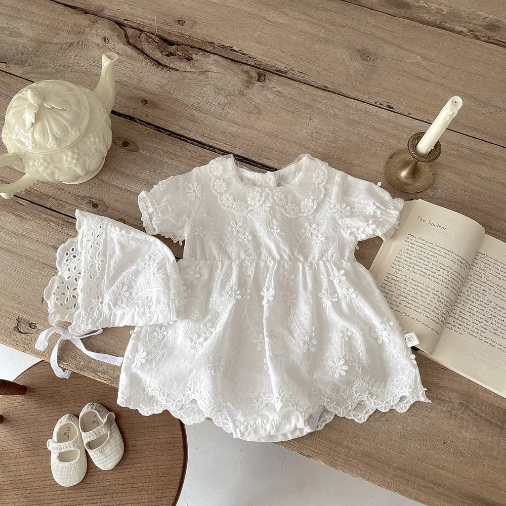 Newborn Baby Girl Short Sleeve Embroidery Cotton Romper Dress Infant Girls Princess Skirt Baby Baptism Clothes