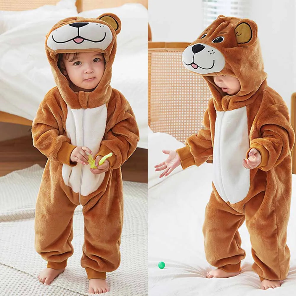 Cute Flannel Animal Rompers for Baby Winter Kid 1 2 3 4 Years Cartoon Jumpsuit Boy Girl Long Sleeve Hooded Playsuit Thick Pajama