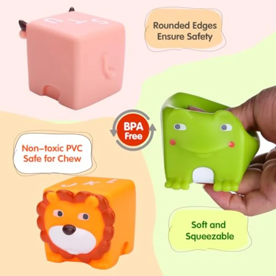Soft Baby Blocks Stacking and Building Toys for Babies and Toddlers 12 Pcs No Hole Squeeze Animal Blocks Sensory Teething Toys