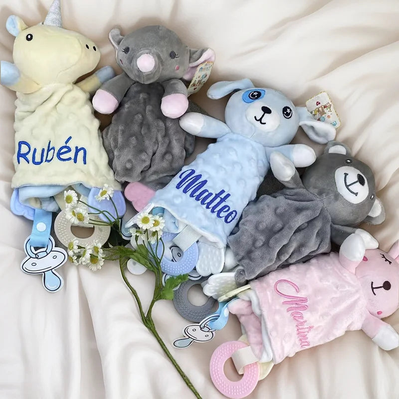 Personalized Newborn Baby Comforter Custom Minky Security Blanket with Teether Bunny Elephant Baby Shower Gift
