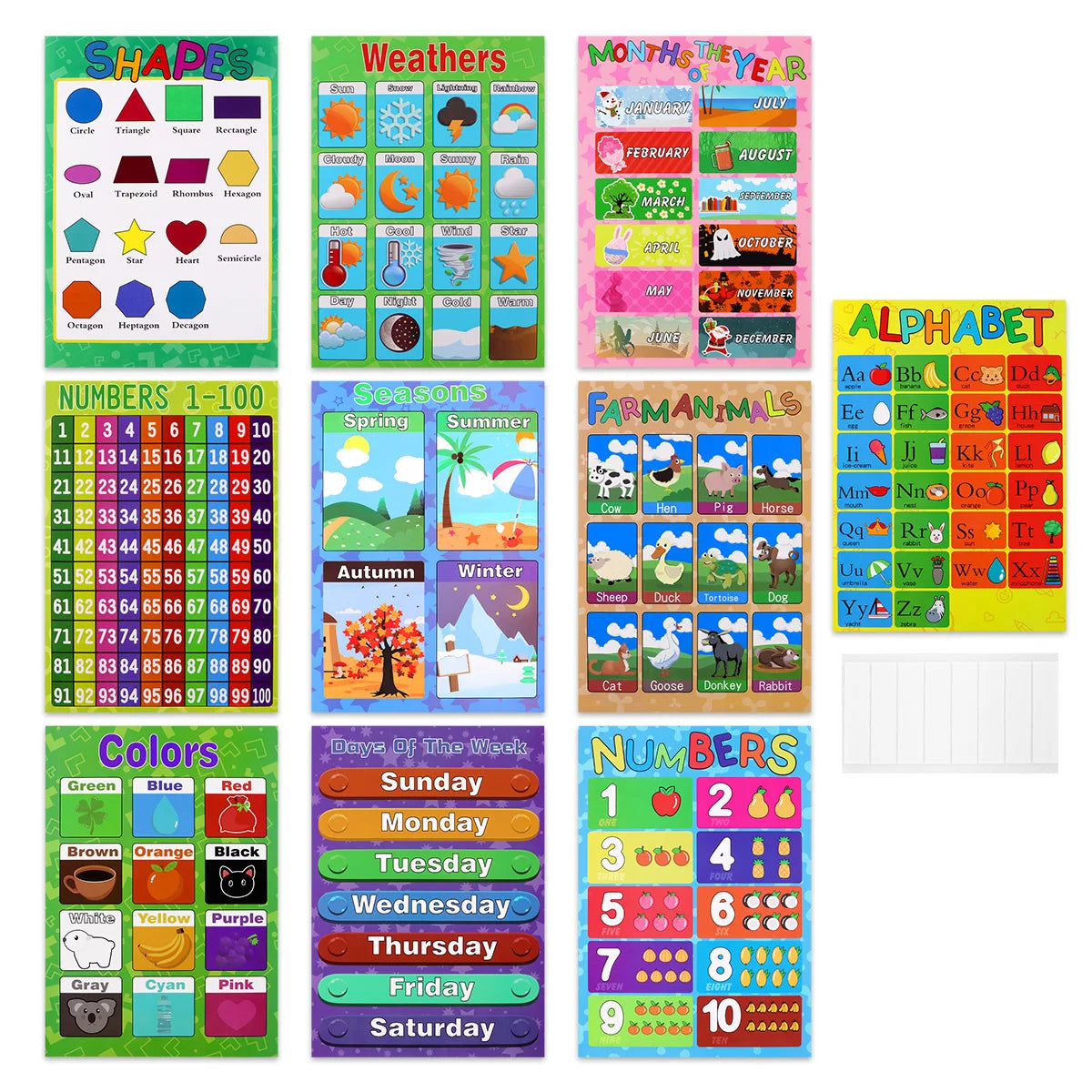10PCS Educational Preschool Posters Charts for Preschoolers Toddlers Kids Kindergarten Classrooms Includes Alphabet Letters Colors Days of the Week Numbers 1-10 Numbers 1-100 Farm Animals Seasons Weathers Months Shapes