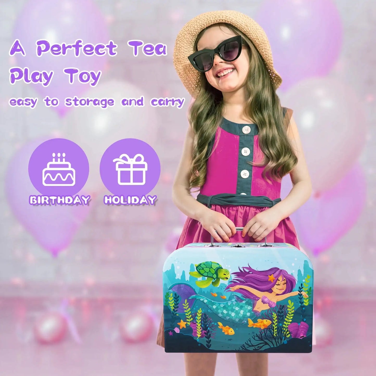 Kid Tea Set Mermaid Tea Party Set Princess Pretend Play Tin Teapot Set Kitchen Toy for Girls Toddlers 2 3 4 5 6 Years Old