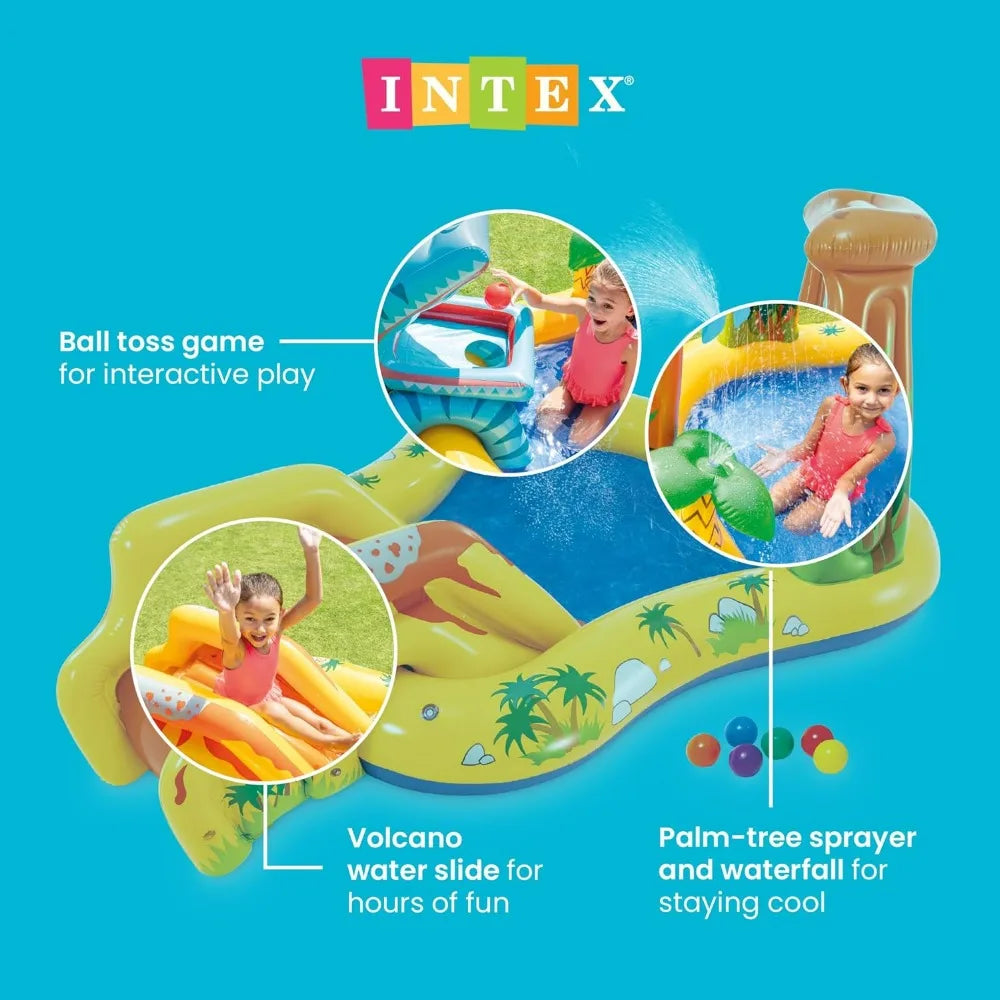 Inflatable Dinosaur Play Center, Outdoor Inflatable Water Park with Slide, Water Sprayer, Waterfall, 6 Balls, Kids Pool Playhour
