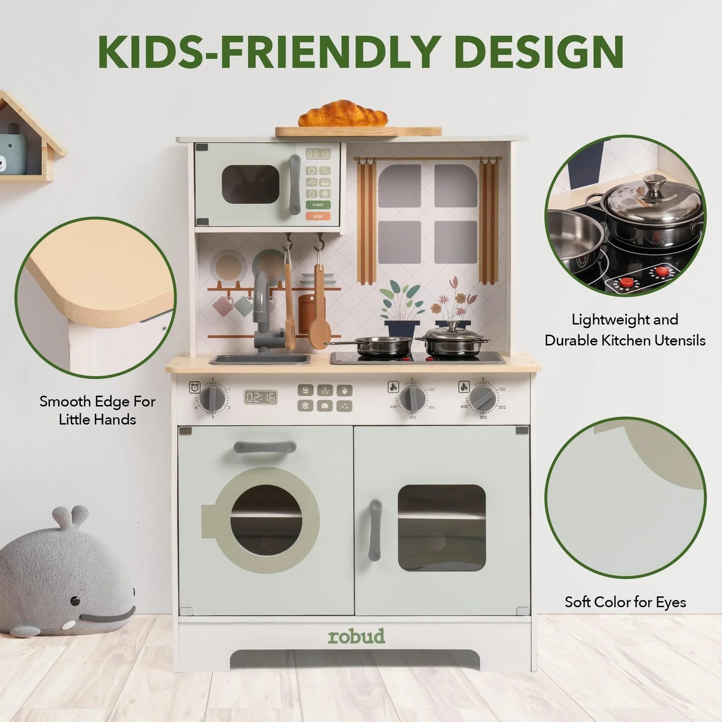 Play Kitchen Wooden Play Kitchen Set Pretend Playset w/ Lights & Sounds Gift for Girls Boys Age 3+ Light Green