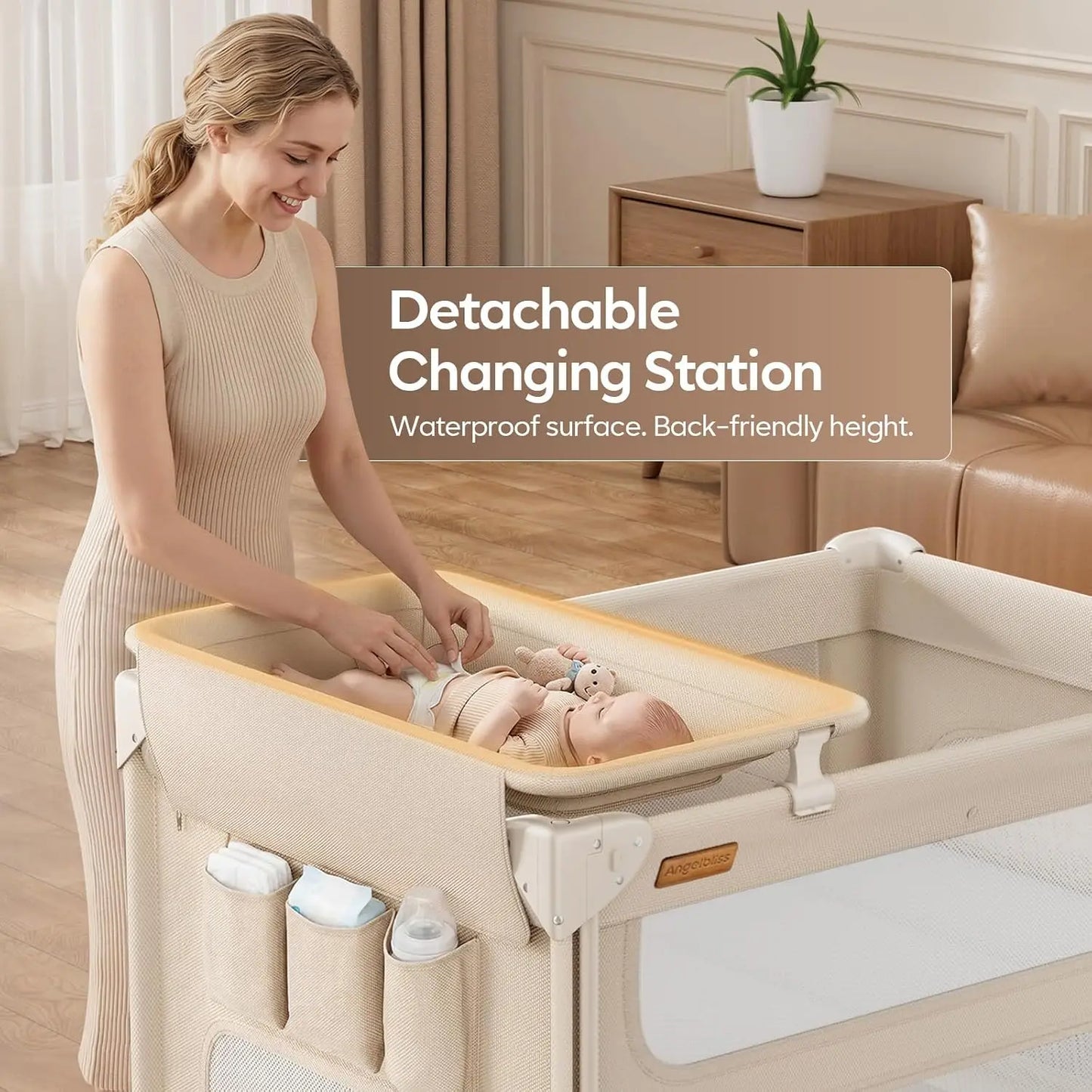 Baby Bassinet Bedside Crib, 5-in-1 One-Push Instant Fold Pack and Play with Changing Table, Napper Bassinet, Mattress & Mosquito