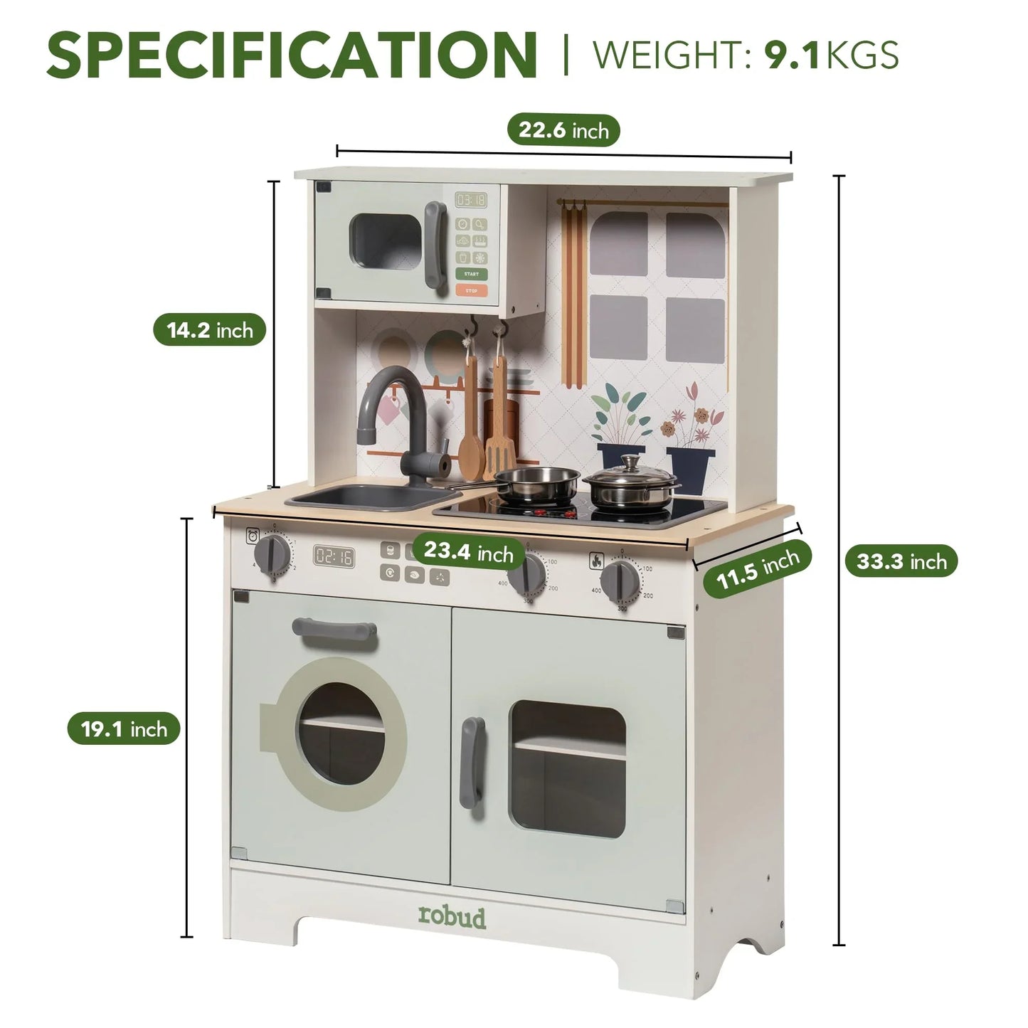 Play Kitchen Wooden Play Kitchen Set Pretend Playset w/ Lights & Sounds Gift for Girls Boys Age 3+ Light Green