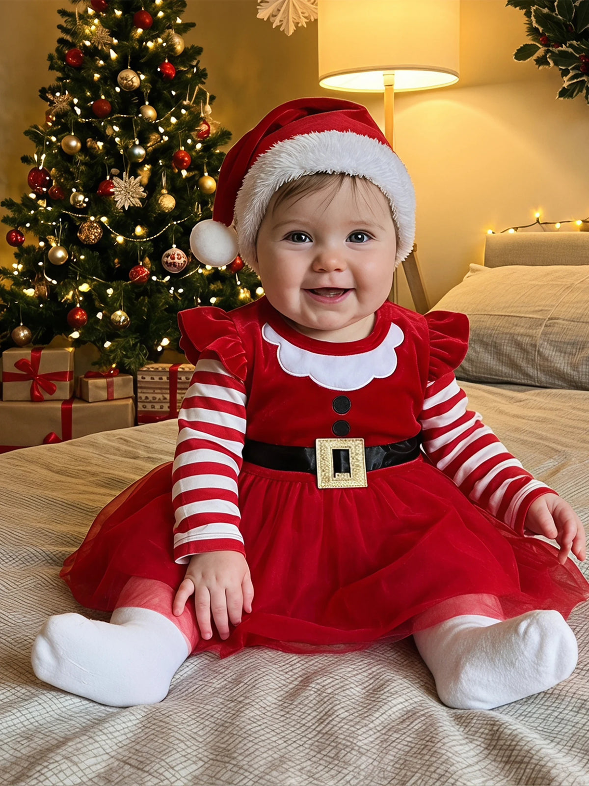 Girl Christmas Striped-Sleeve-Tulle Long Sleeve Striped Sleeve Baby Girl Christmas Long Striped Sleeve Long-Striped