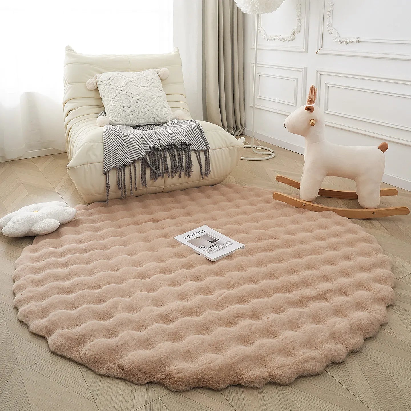 Round Bubble Faux Rabbit Fur Rug Soft Plush Mats Cream Style Bedroom Bedside Carpet Kids Play Floor Mat for Living Room Nursery