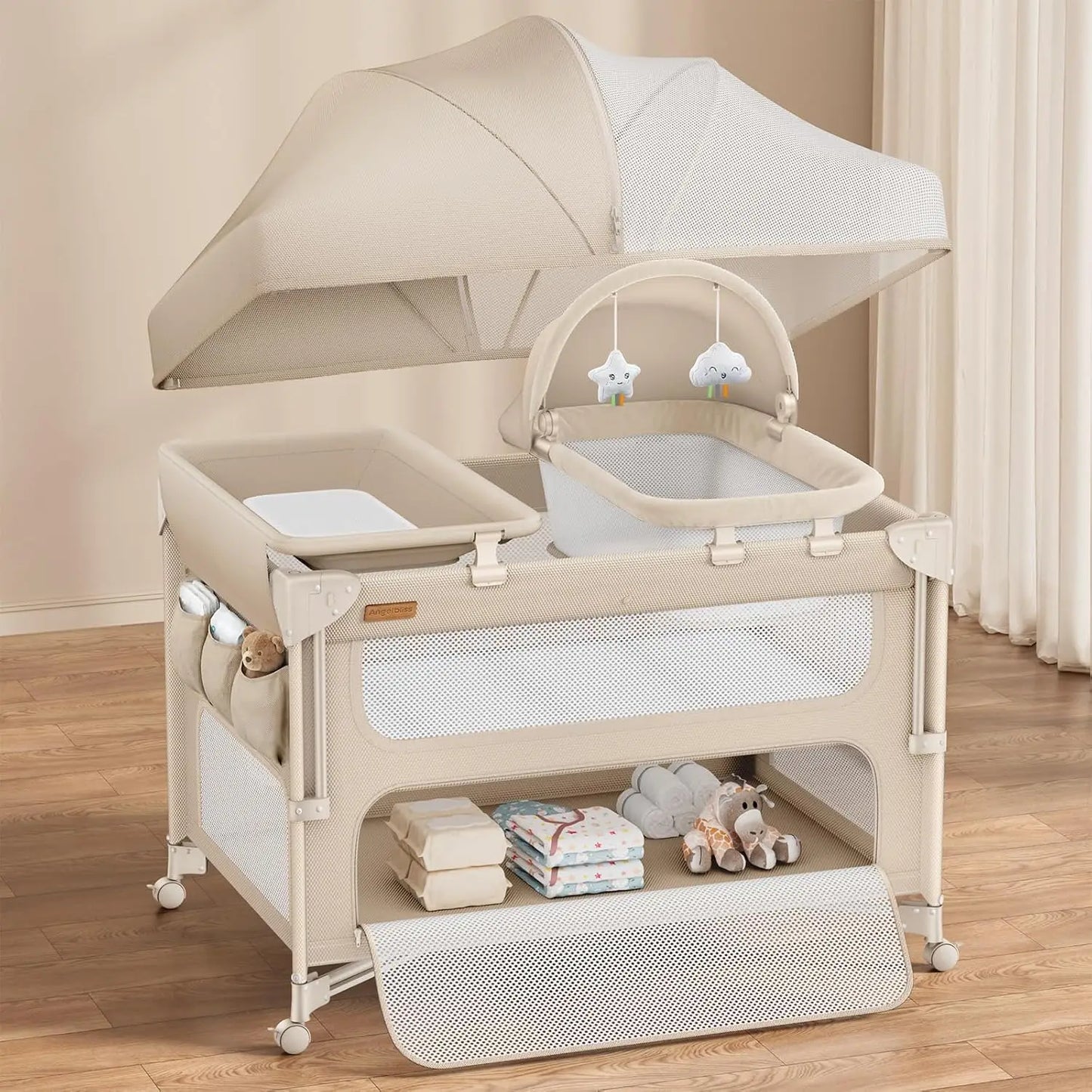 Baby Bassinet Bedside Crib, 5-in-1 One-Push Instant Fold Pack and Play with Changing Table, Napper Bassinet, Mattress & Mosquito