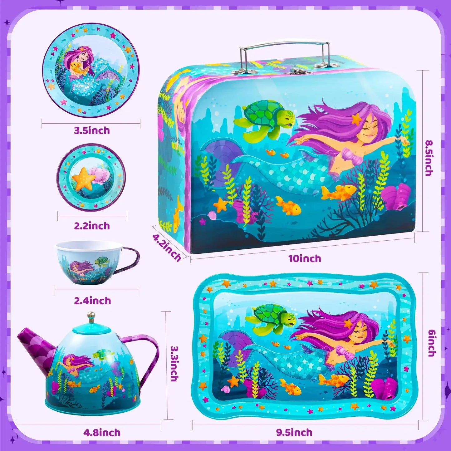 Kid Tea Set Mermaid Tea Party Set Princess Pretend Play Tin Teapot Set Kitchen Toy for Girls Toddlers 2 3 4 5 6 Years Old