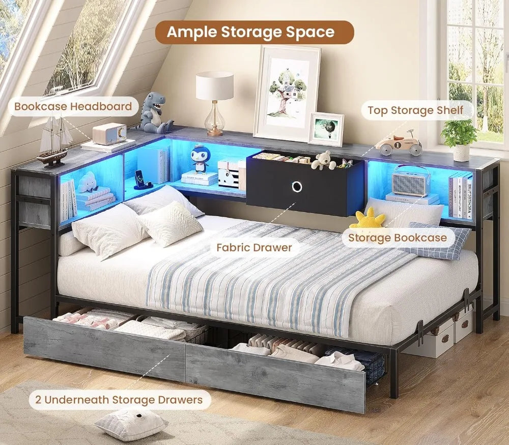 Twin Corner Bed Frame with Storage Drawers, Bookcase Headboard, LED Lights & Charging Station - Oak Gray Daybed for Kids Teens