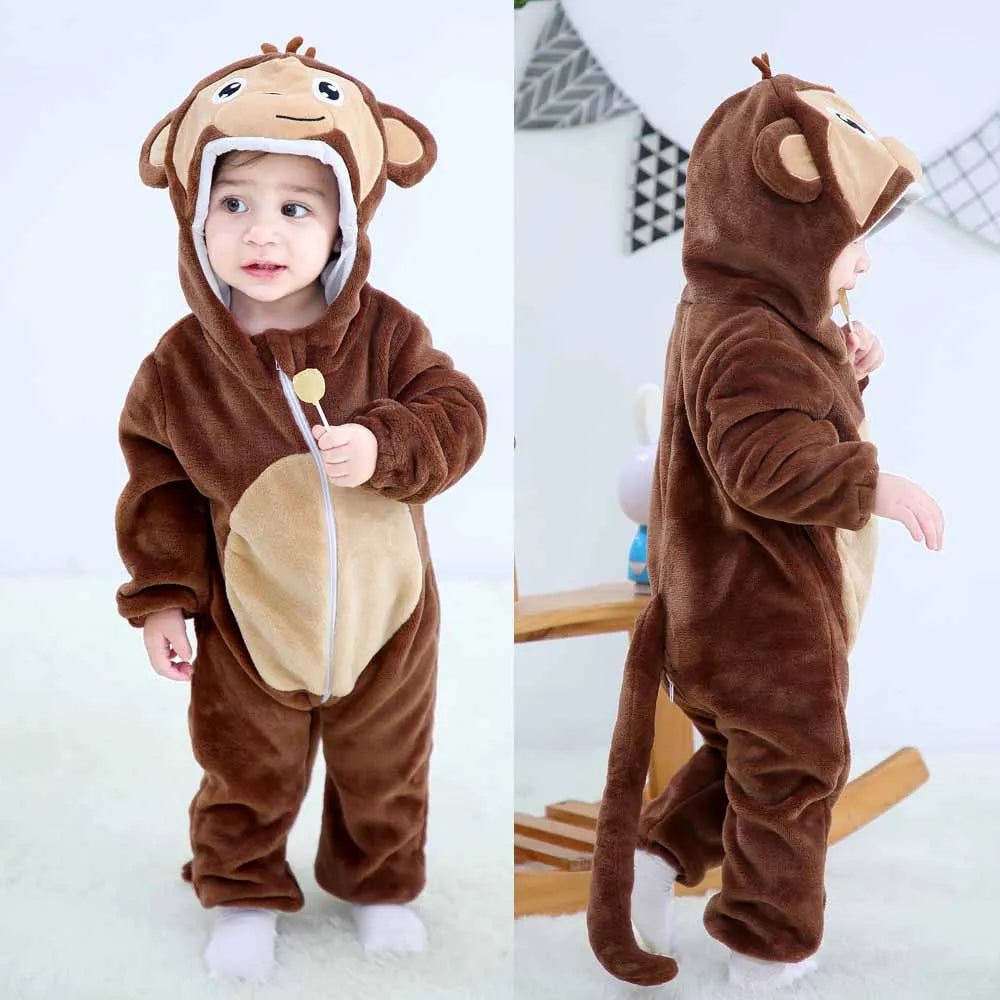 Cute Flannel Animal Rompers for Baby Winter Kid 1 2 3 4 Years Cartoon Jumpsuit Boy Girl Long Sleeve Hooded Playsuit Thick Pajama