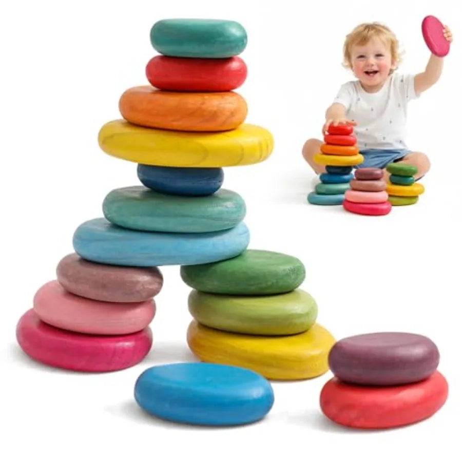 Extra-Large Stacking Rocks for Toddlers 1-3, 16 PCS Wooden Montori Toys, Safe Smooth Jumbo Balancing Stones for Open-Ended Sens