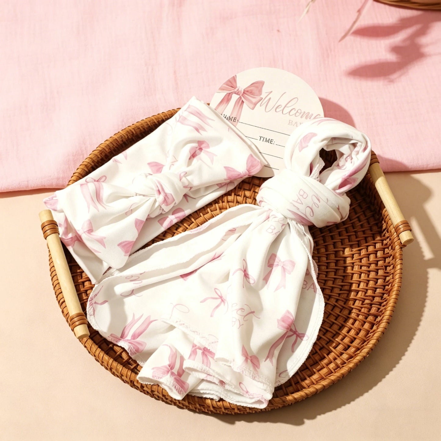 Newborn Photography Swaddle Blanket Set Pink Bow Print Infant Receiving Blanket with Headband Milestone Card Prop-HD
