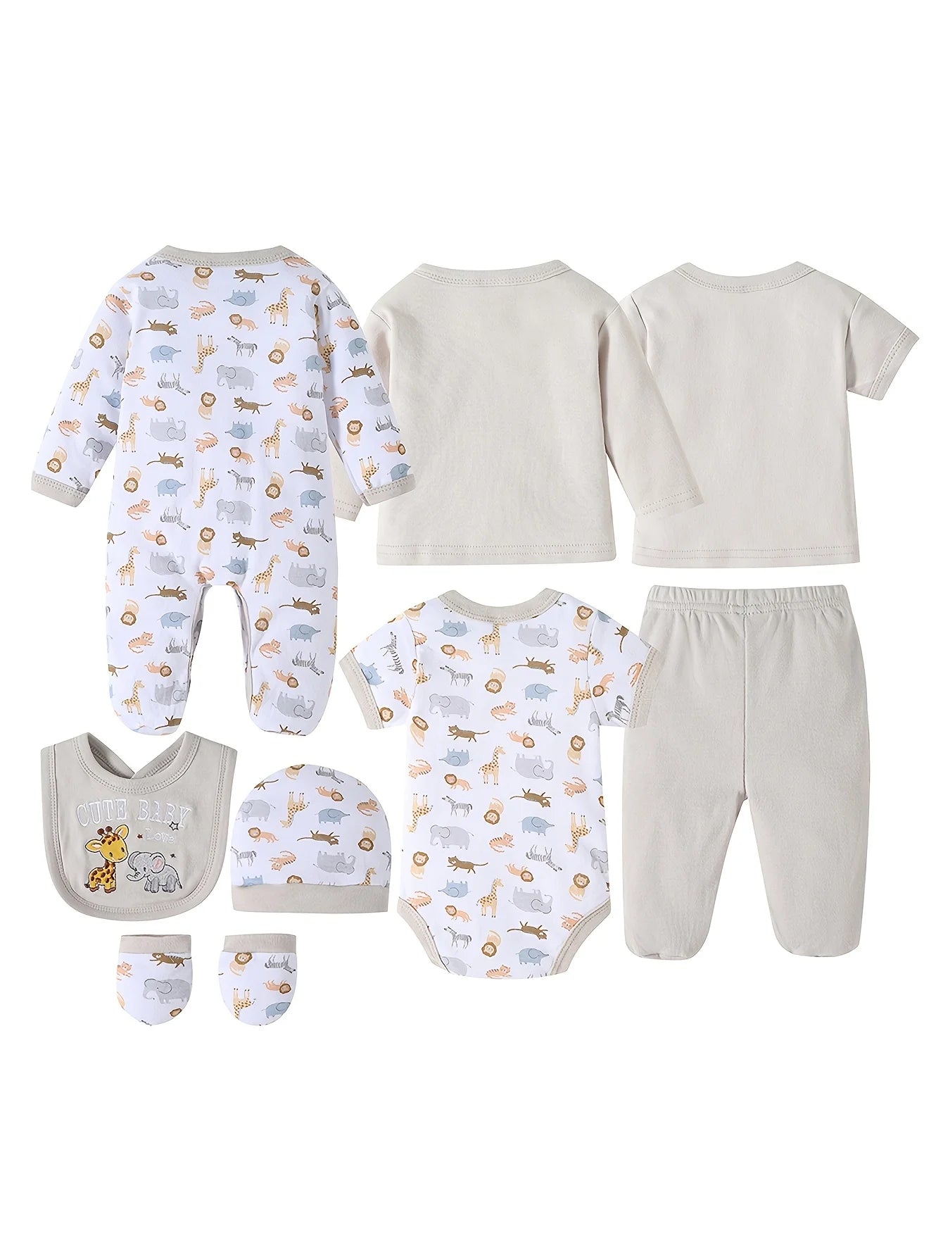 Soft Stretchy Rompers with Cute And Prints (Elephant, Giraffe, "I Love Mom" Lettering) Incl. Long Romper, Hat, Bib, Socks, Pants, Jacket, Top And Bodysuit, for Outdoor