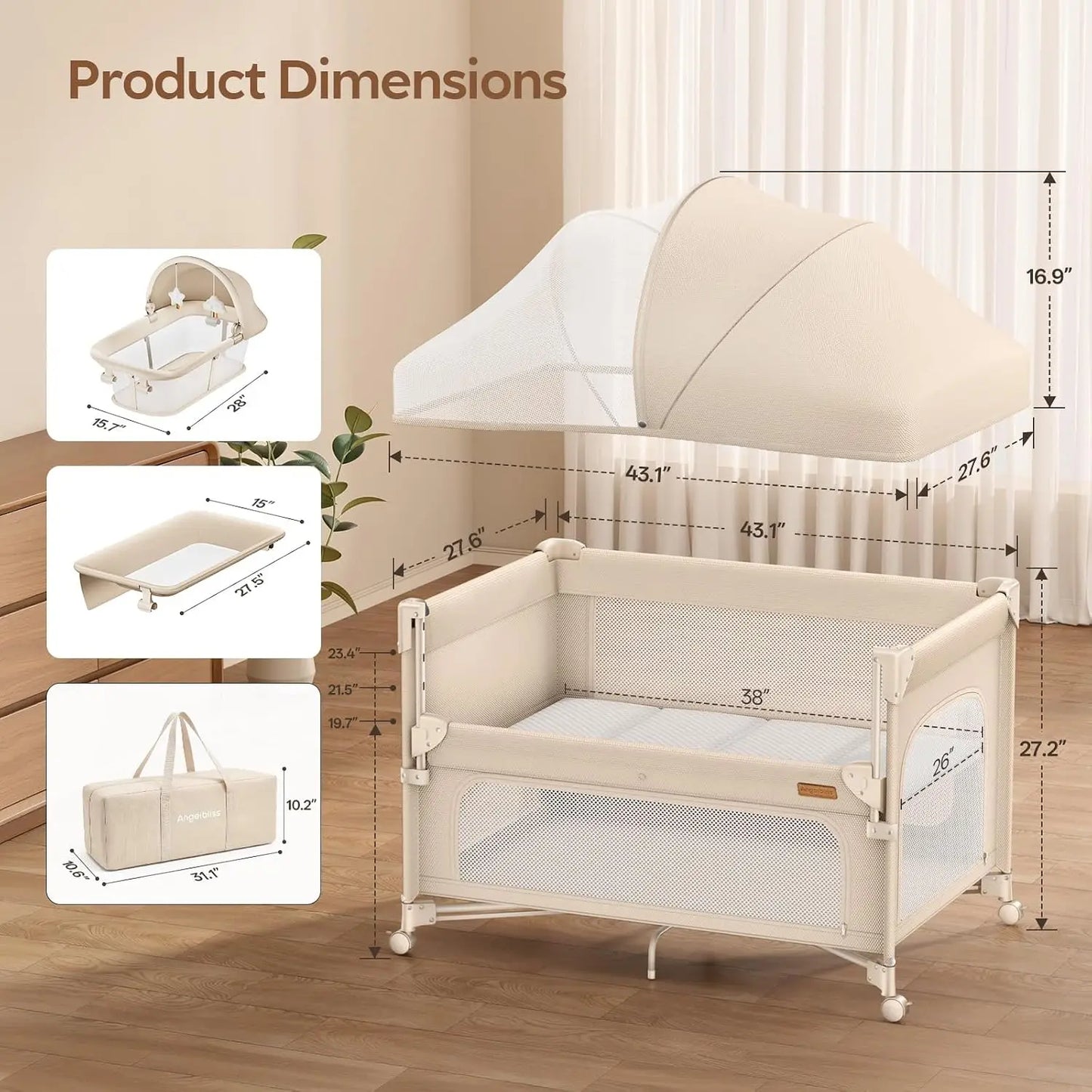 Baby Bassinet Bedside Crib, 5-in-1 One-Push Instant Fold Pack and Play with Changing Table, Napper Bassinet, Mattress & Mosquito