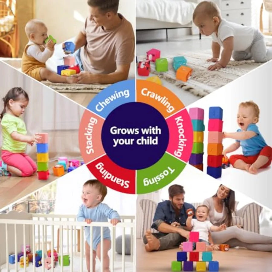 Soft Baby Blocks Stacking and Building Toys for Babies and Toddlers 12 Pcs No Hole Squeeze Animal Blocks Sensory Teething Toys