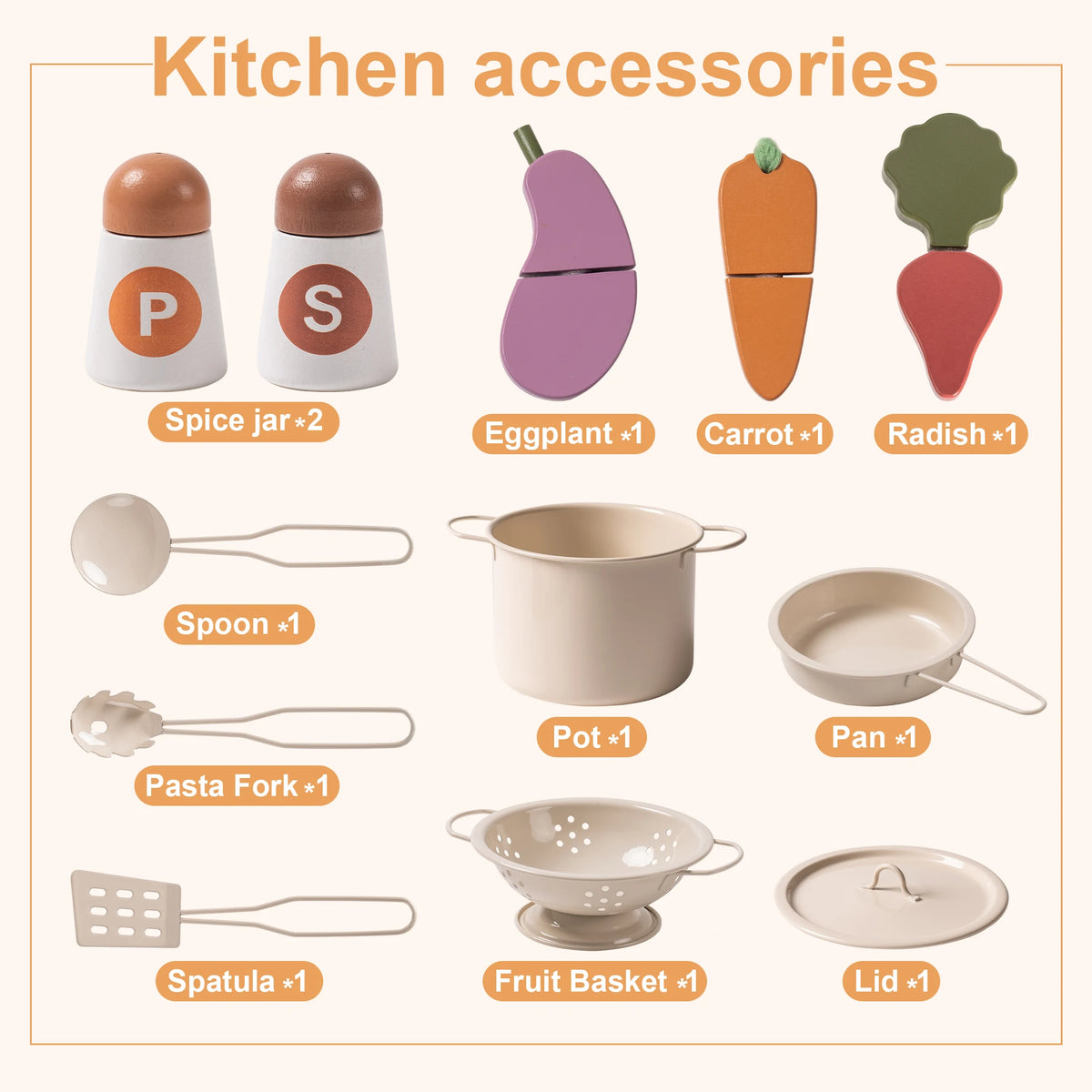 Play Kitchen for Kids Toddlers Wooden Pretend Play Kitchen Set Toy with Cutting Food Set Toys Kitchen Gift for 3+ Kids Beige