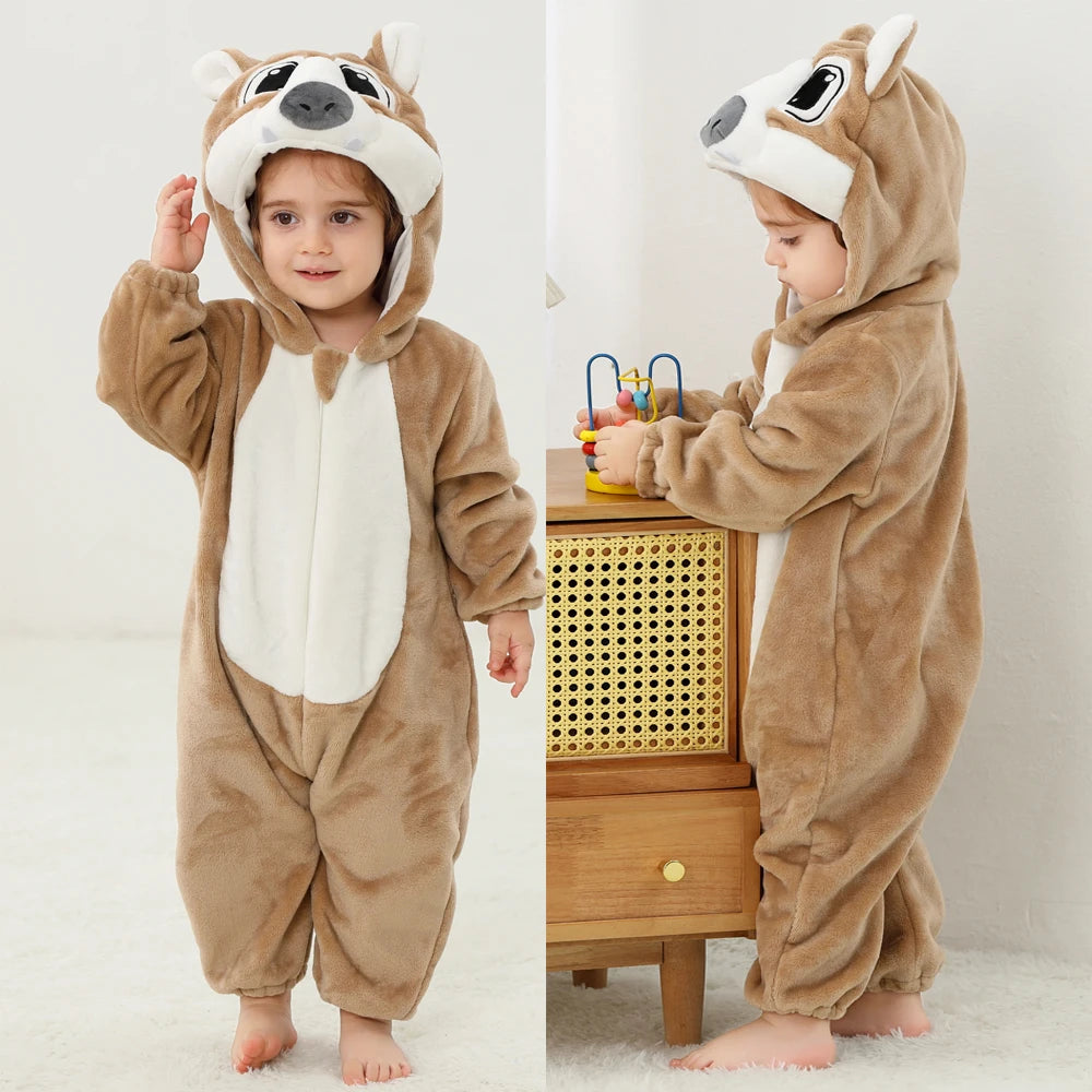 Cute Flannel Animal Rompers for Baby Winter Kid 1 2 3 4 Years Cartoon Jumpsuit Boy Girl Long Sleeve Hooded Playsuit Thick Pajama